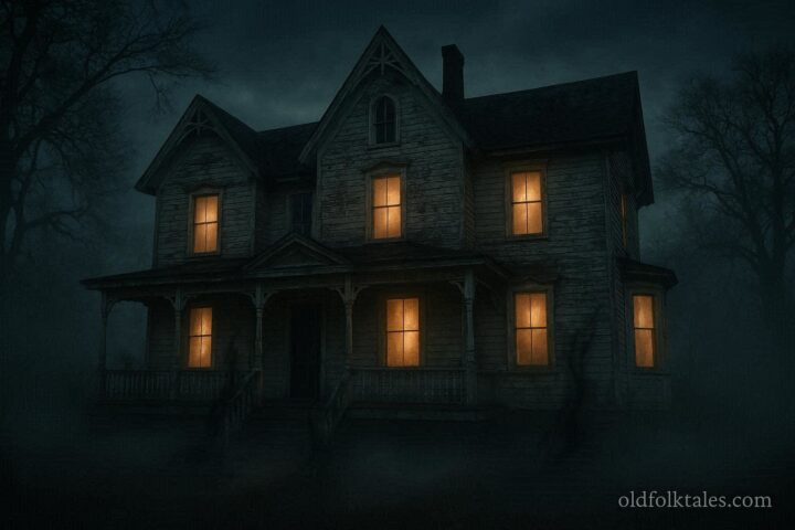 Southern Gothic haunted house at dusk with faint ghostly lights and shadowy mist around the porch