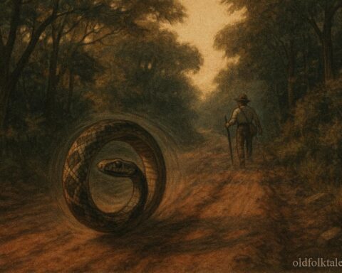 Hoop Snake rolling along a dirt road toward a traveler in a Southern forest.