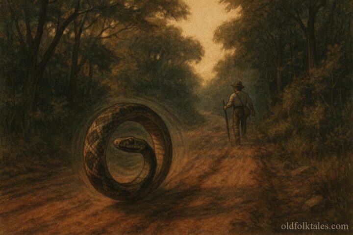 Hoop Snake rolling along a dirt road toward a traveler in a Southern forest.