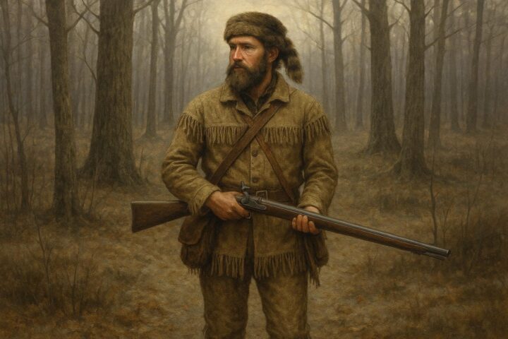 A solitary frontier hunter standing calmly in a dense forest with a rifle lowered in respect.