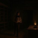 A courthouse clerk secretly removing legal records at night to protect them during civil unrest