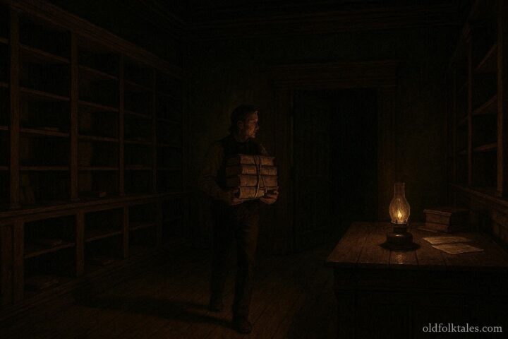 A courthouse clerk secretly removing legal records at night to protect them during civil unrest