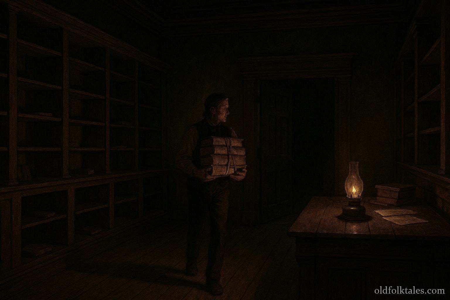 A courthouse clerk secretly removing legal records at night to protect them during civil unrest