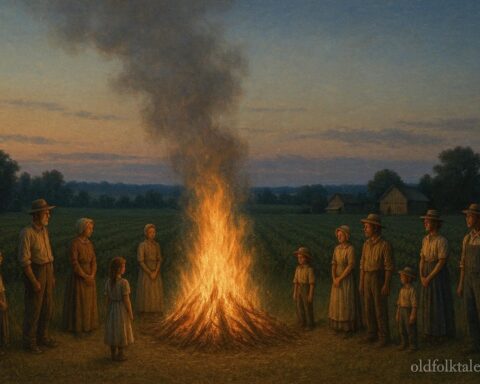 Community bonfire vigil in early summer fields symbolizing protection and seasonal balance