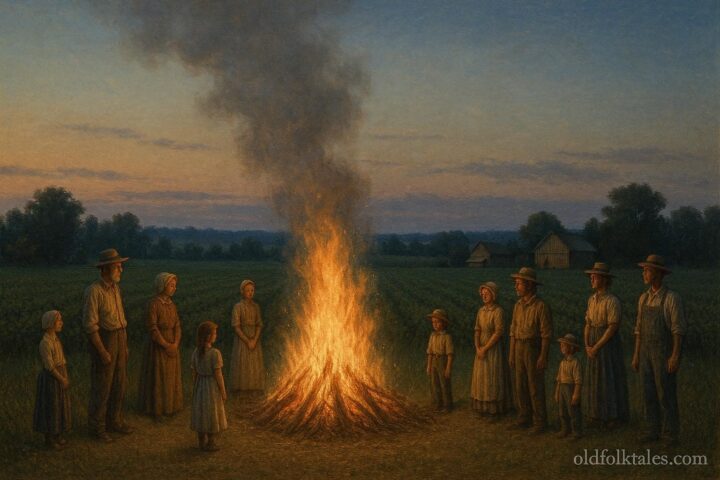 Community bonfire vigil in early summer fields symbolizing protection and seasonal balance