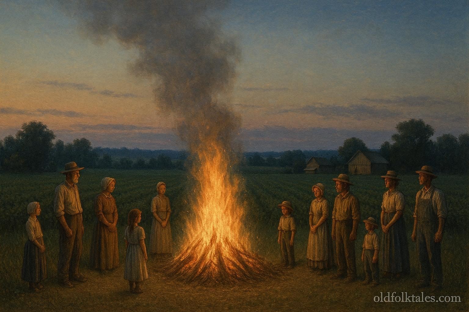 Community bonfire vigil in early summer fields symbolizing protection and seasonal balance