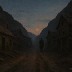 A lone figure with a lamp lighting pole walking an abandoned mining road at dusk