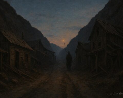 A lone figure with a lamp lighting pole walking an abandoned mining road at dusk
