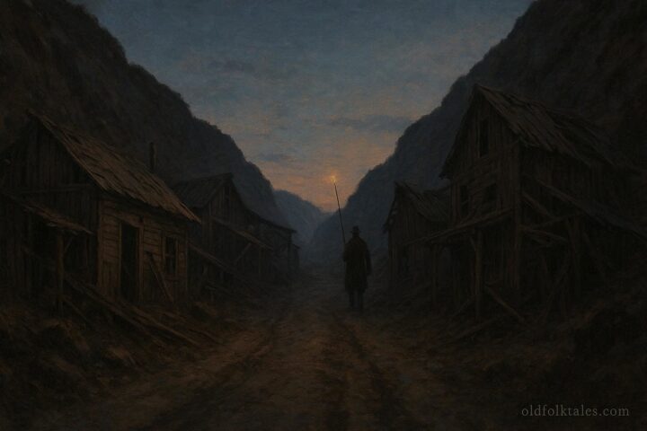 A lone figure with a lamp lighting pole walking an abandoned mining road at dusk