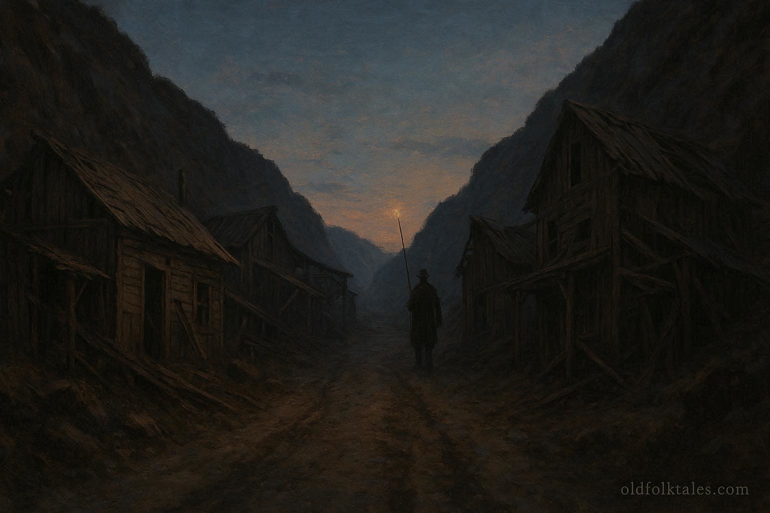 A lone figure with a lamp lighting pole walking an abandoned mining road at dusk