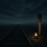 A glowing lantern beside an abandoned railroad track at night near Mile 143