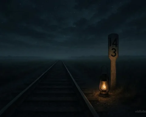 A glowing lantern beside an abandoned railroad track at night near Mile 143