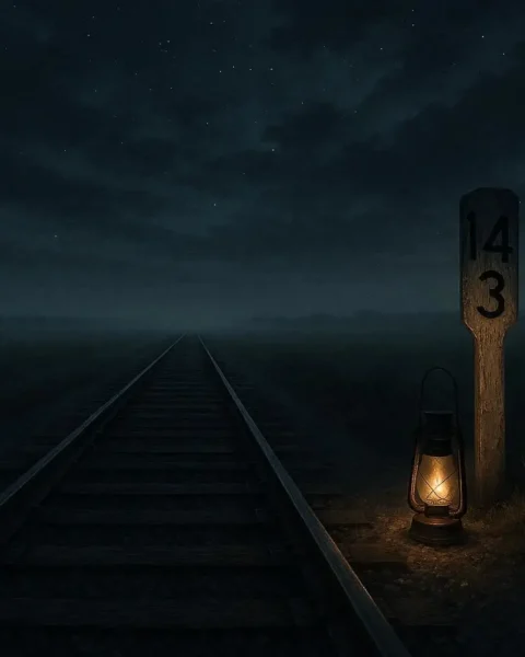 A glowing lantern beside an abandoned railroad track at night near Mile 143