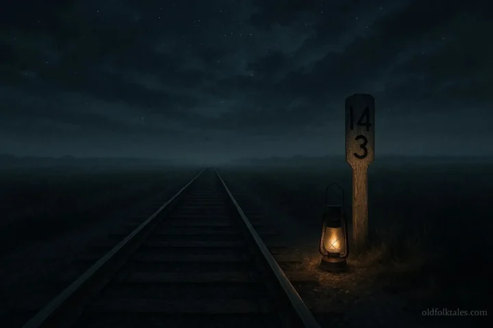 A glowing lantern beside an abandoned railroad track at night near Mile 143