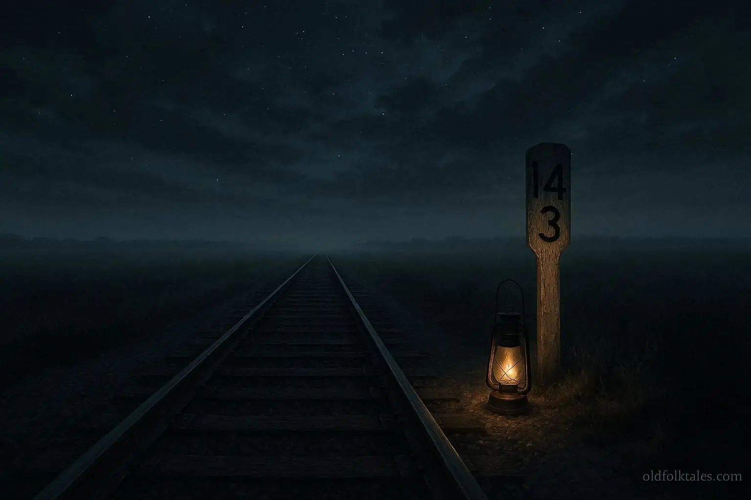 A glowing lantern beside an abandoned railroad track at night near Mile 143
