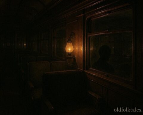 A faint human silhouette seated alone in a vintage train car at night