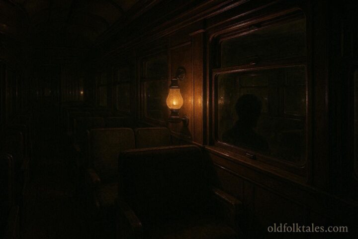 A faint human silhouette seated alone in a vintage train car at night