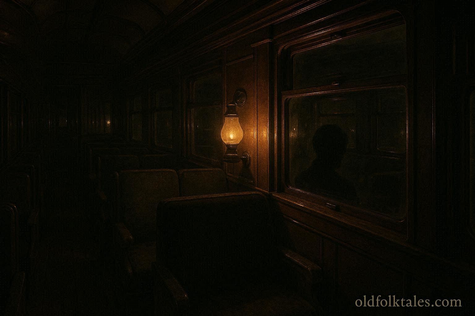 A faint human silhouette seated alone in a vintage train car at night
