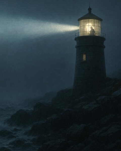 Lighthouse keeper tending beacon through fog on a rocky New England coast at night