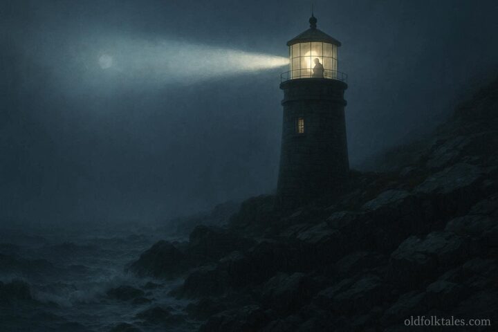 Lighthouse keeper tending beacon through fog on a rocky New England coast at night