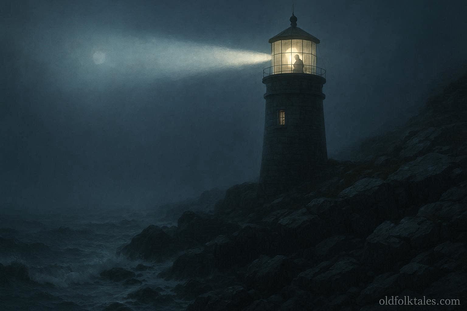 Lighthouse keeper tending beacon through fog on a rocky New England coast at night