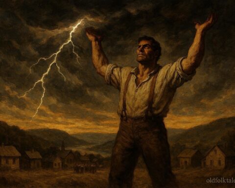 A legendary Ohio laborer holding up a storm filled sky to protect a town below