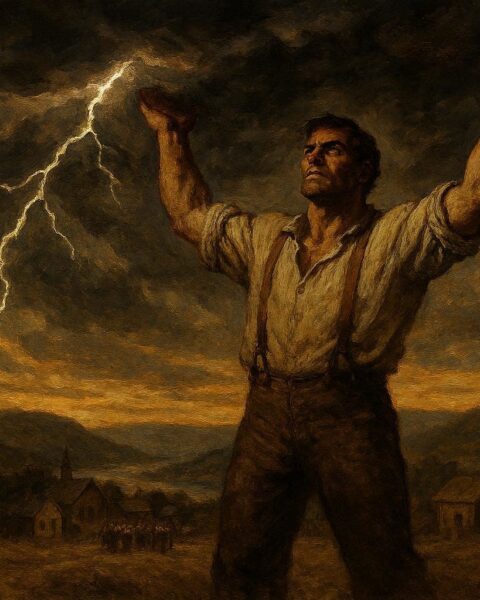 A legendary Ohio laborer holding up a storm filled sky to protect a town below
