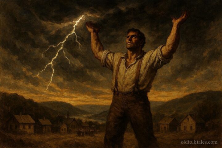 A legendary Ohio laborer holding up a storm filled sky to protect a town below