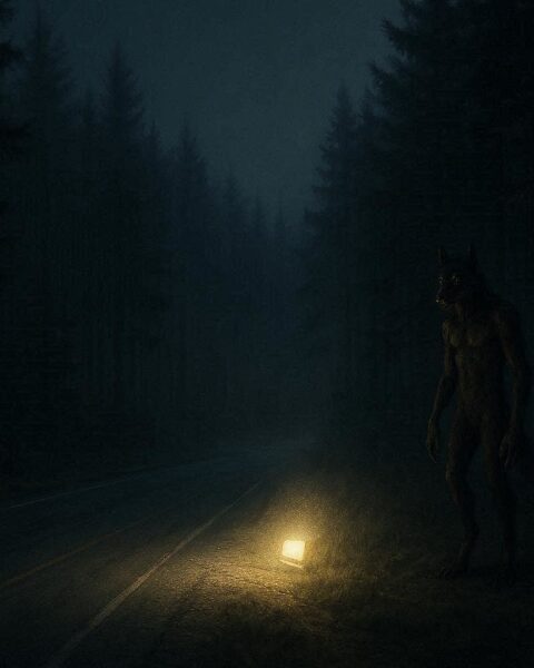 Canine humanoid standing near a forest road at night