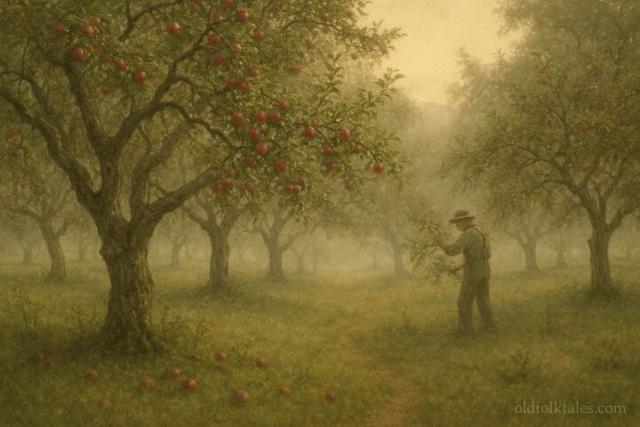 An abandoned apple orchard with ripe apples and a faint elderly figure tending trees