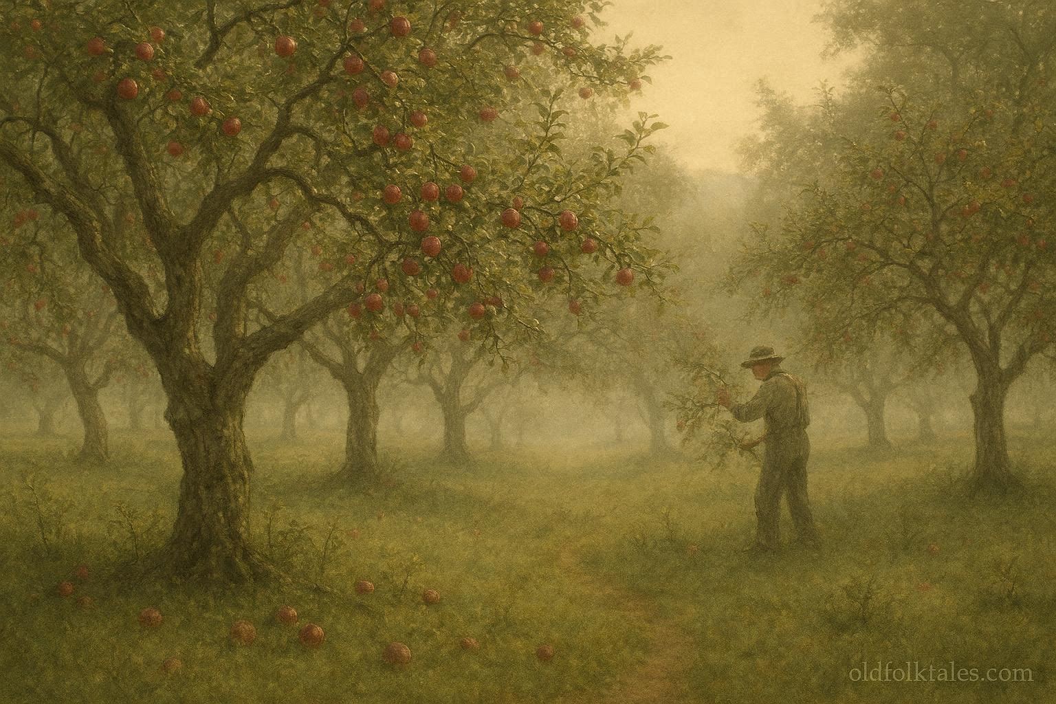 An abandoned apple orchard with ripe apples and a faint elderly figure tending trees
