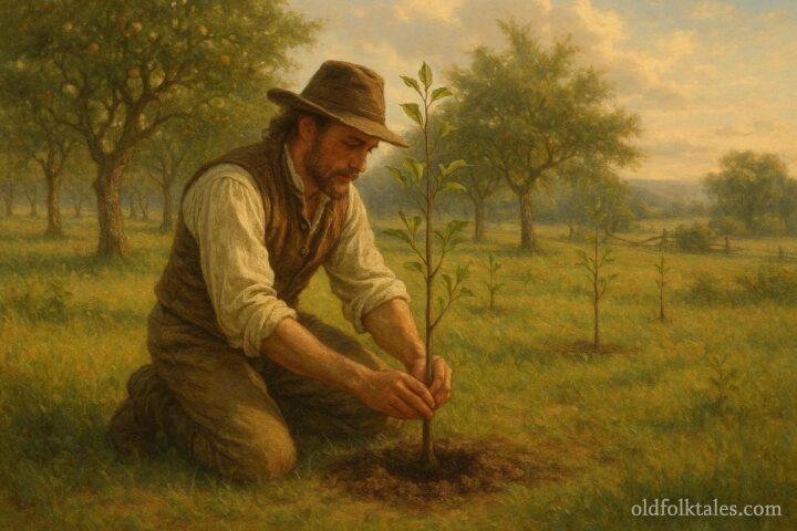 An early American settler plants young trees in a sunlit orchard, symbolizing foresight and responsibility for future generations.
