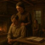 Ozark faith healer praying with hands placed gently on a community member