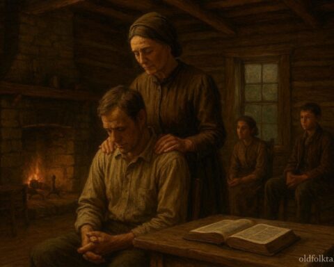 Ozark faith healer praying with hands placed gently on a community member