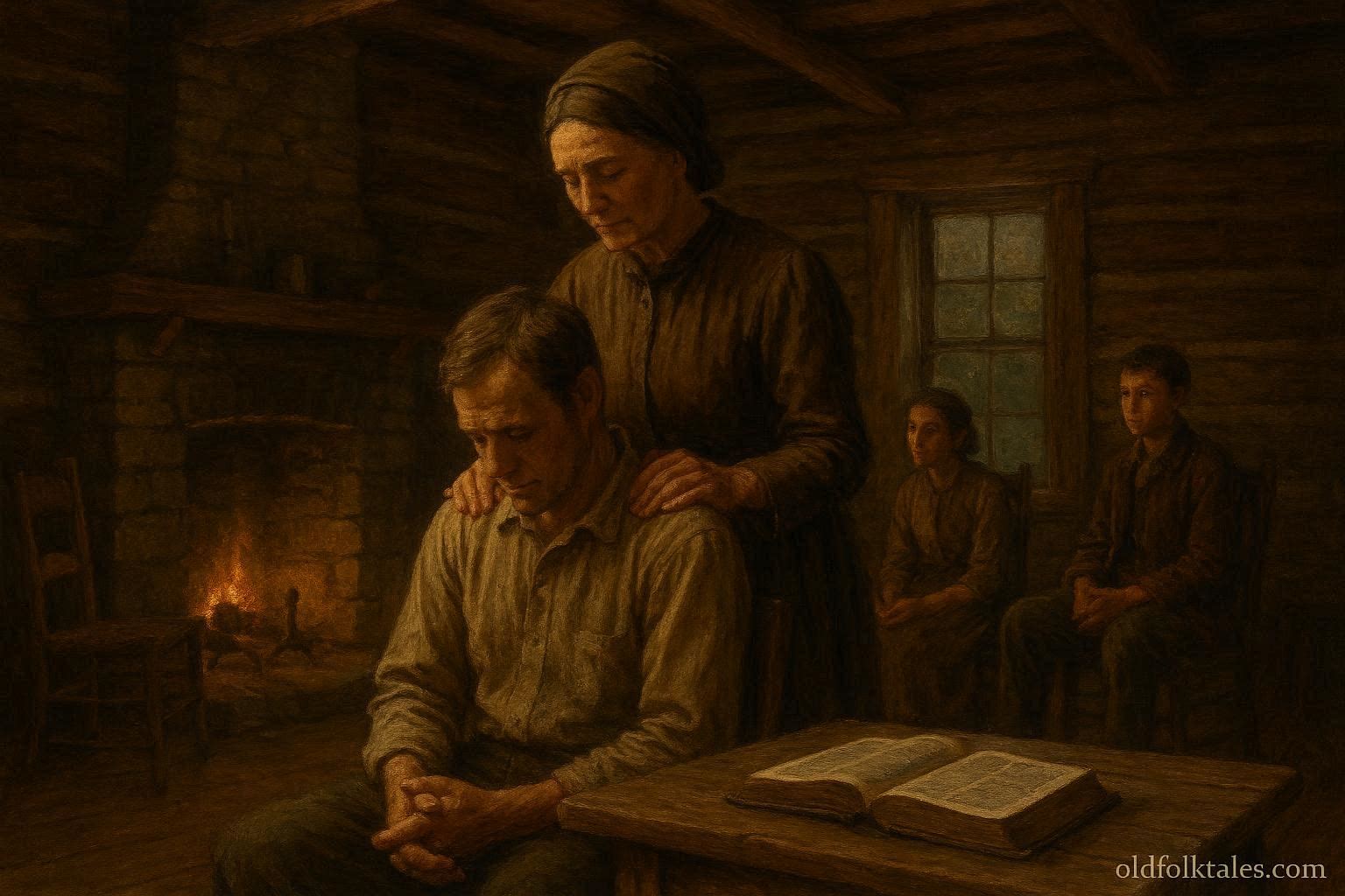 Ozark faith healer praying with hands placed gently on a community member