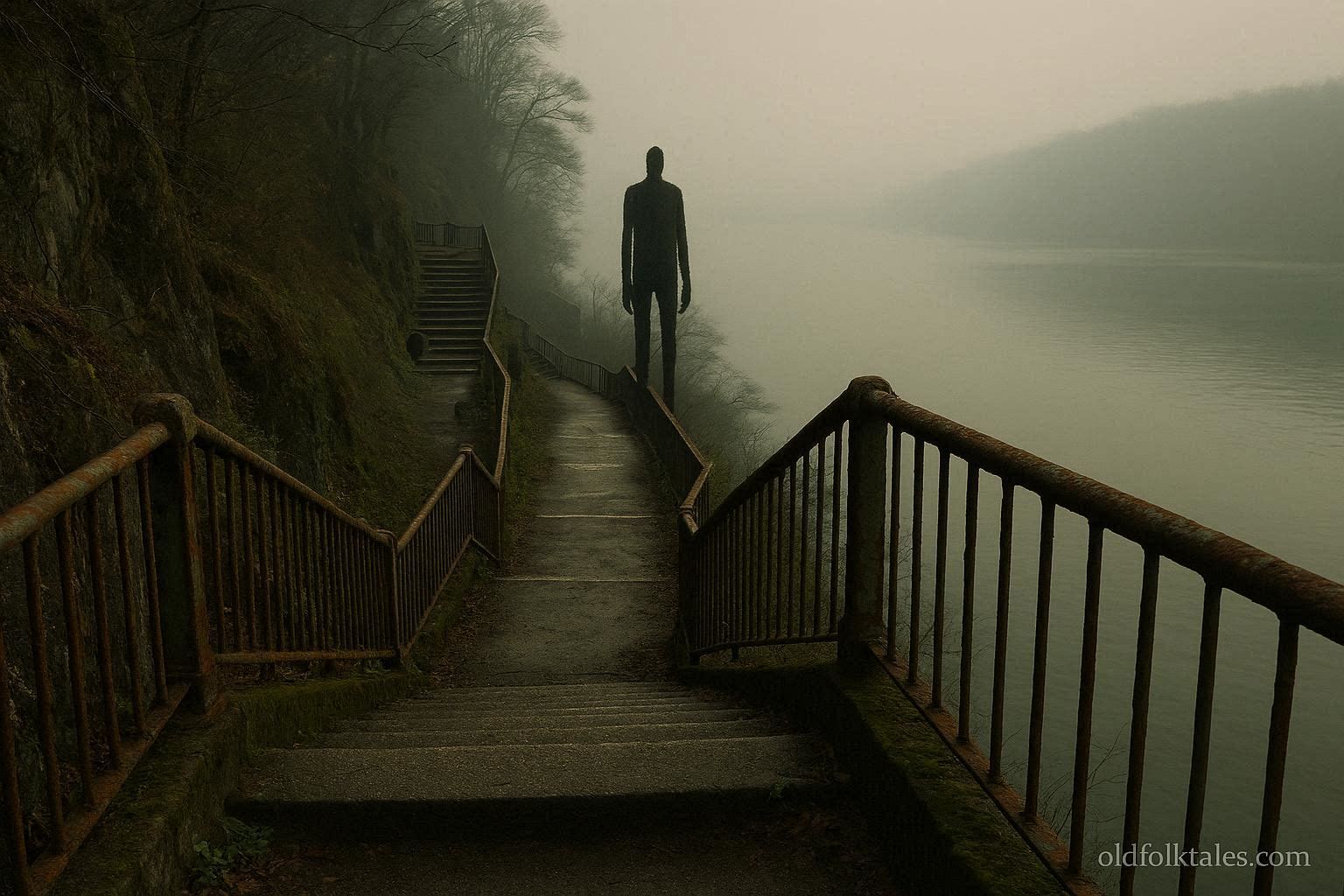 Tall humanoid figure standing motionless on abandoned cliffside staircases above the Hudson River