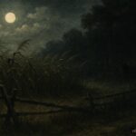 Moonlit New York farmland with shadowy wolf-like figures near the forest edge