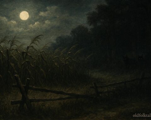 Moonlit New York farmland with shadowy wolf-like figures near the forest edge