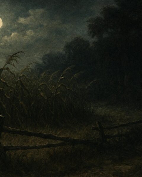 Moonlit New York farmland with shadowy wolf-like figures near the forest edge