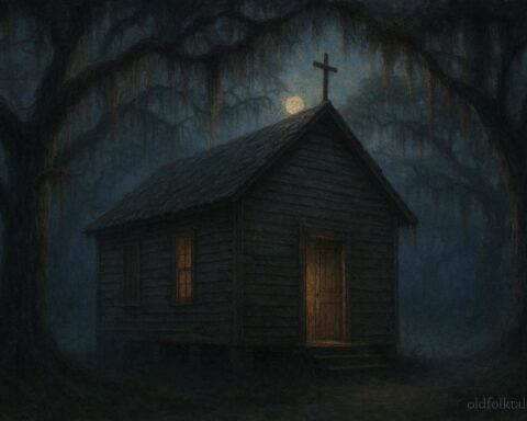 Abandoned praise house on a Sea Island at night associated with ancestral singing