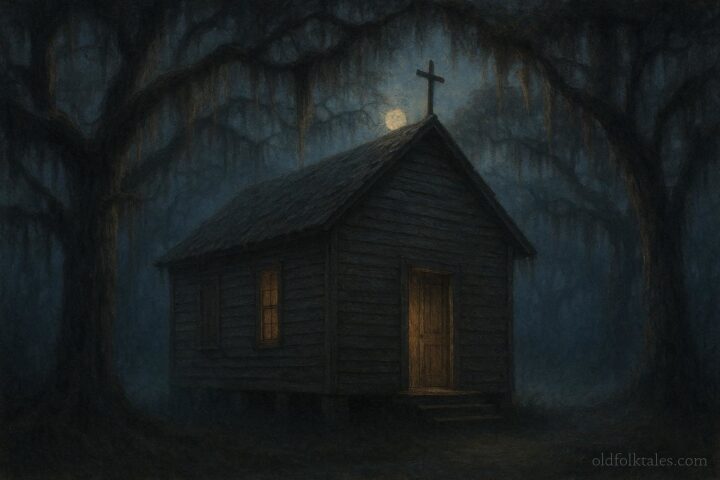 Abandoned praise house on a Sea Island at night associated with ancestral singing