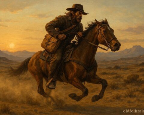 A Pony Express rider racing across the American frontier carrying mail through harsh terrain