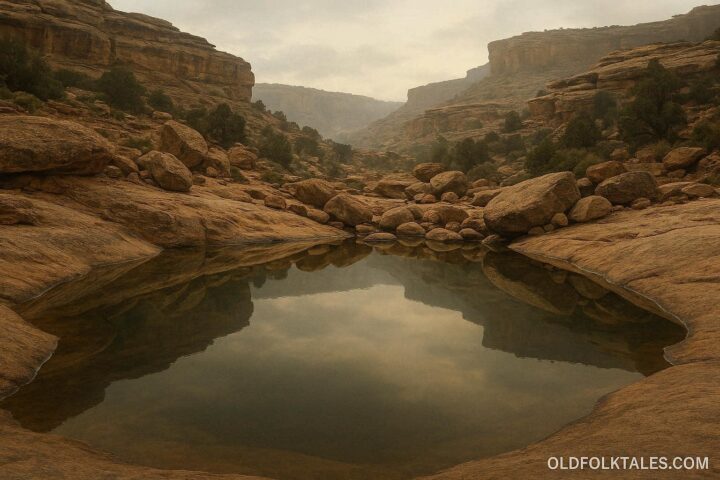 A still mountain pool reflecting sky and stone but no human face