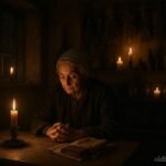 A Pennsylvania Dutch folk healer guarding a small hidden book of written charms by candlelight