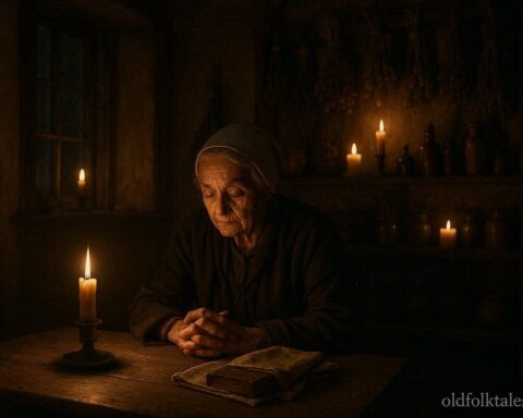 A Pennsylvania Dutch folk healer guarding a small hidden book of written charms by candlelight