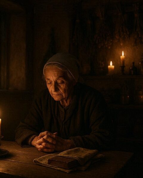A Pennsylvania Dutch folk healer guarding a small hidden book of written charms by candlelight