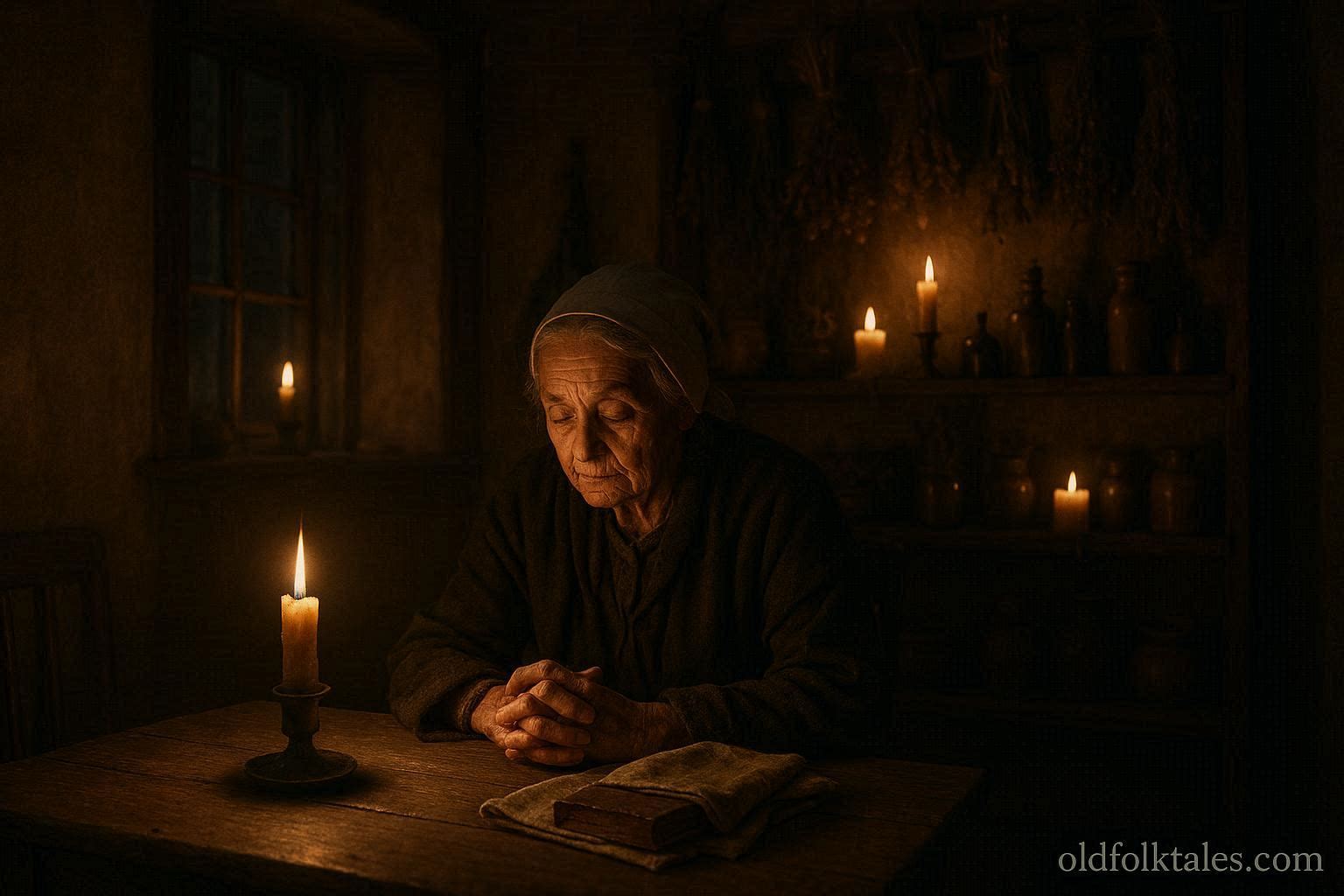 A Pennsylvania Dutch folk healer guarding a small hidden book of written charms by candlelight