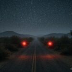 Two glowing red lights hovering at human height along a desert road at night