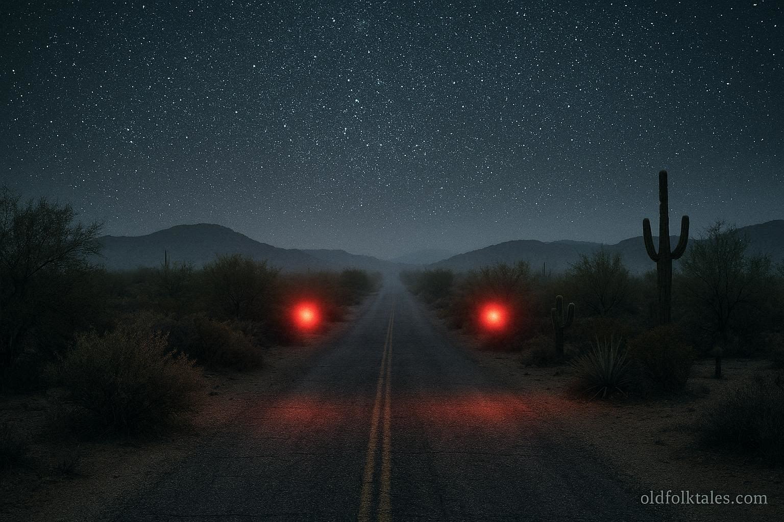 Two glowing red lights hovering at human height along a desert road at night