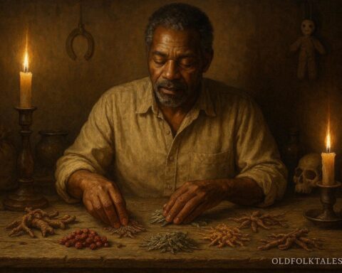 A hoodoo root doctor preparing spiritual remedies with herbs, candles, and charms in a dimly lit room